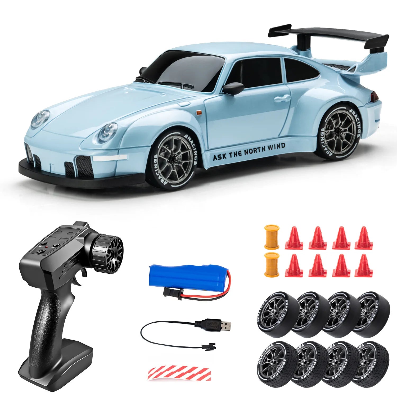 Voiture RC Drift 1:24 - Modèle Sport Haute Vitesse (20 km/h, 4x4, LED & Pneus de Rechange)