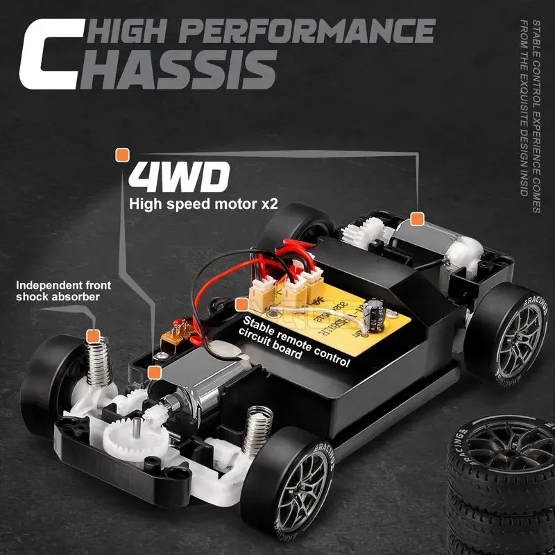 Voiture RC Drift 1:24 - Modèle Sport Haute Vitesse (20 km/h, 4x4, LED & Pneus de Rechange)