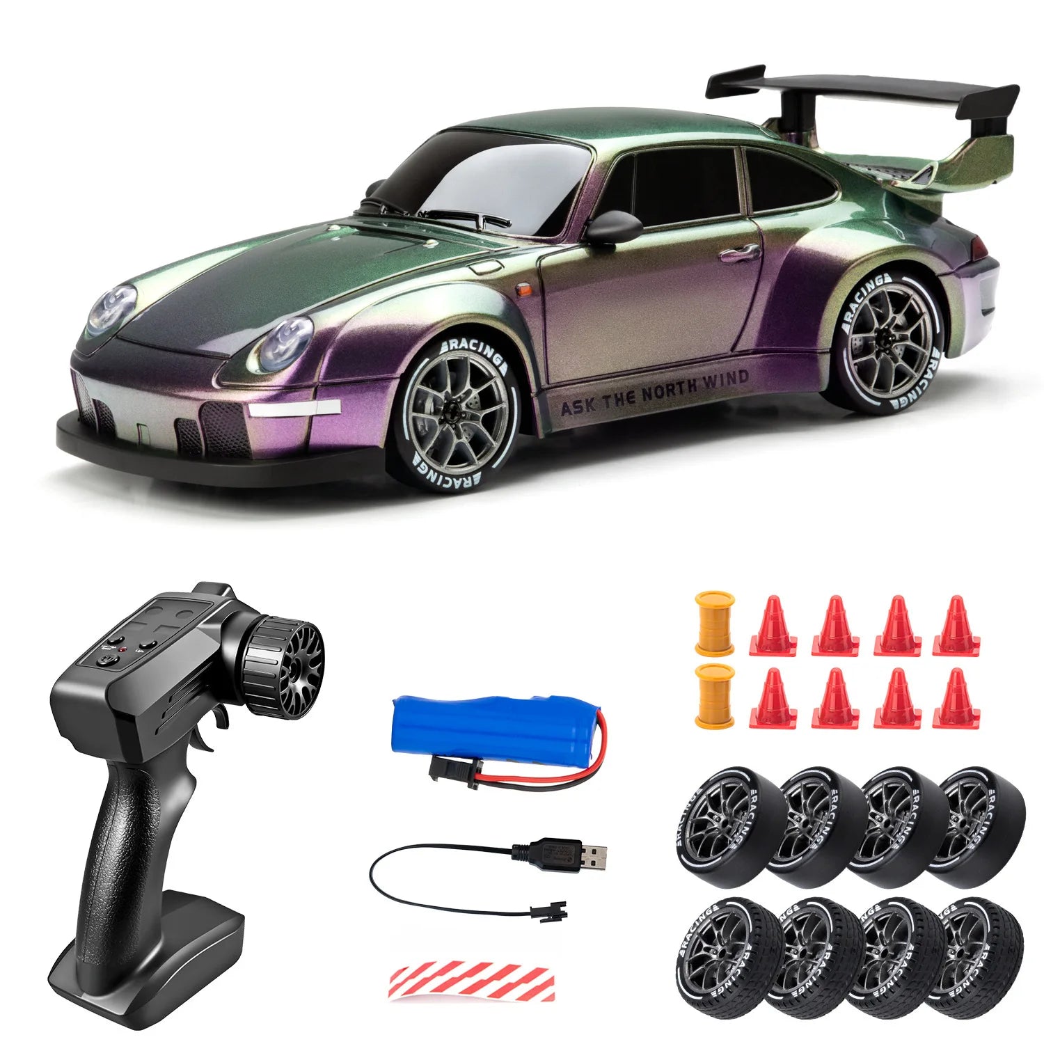 Voiture RC Drift 1:24 - Modèle Sport Haute Vitesse (20 km/h, 4x4, LED & Pneus de Rechange)