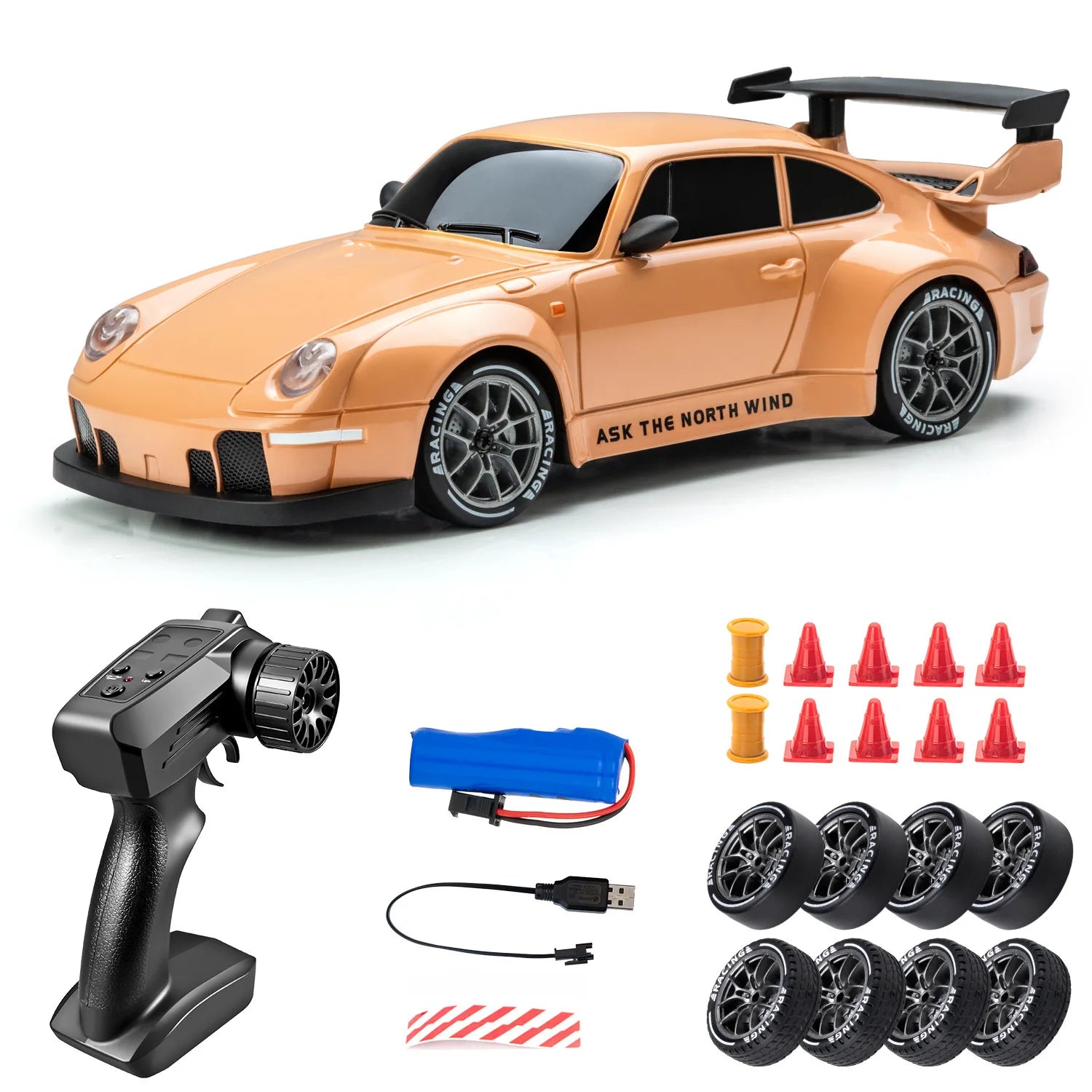 Voiture RC Drift 1:24 - Modèle Sport Haute Vitesse (20 km/h, 4x4, LED & Pneus de Rechange)