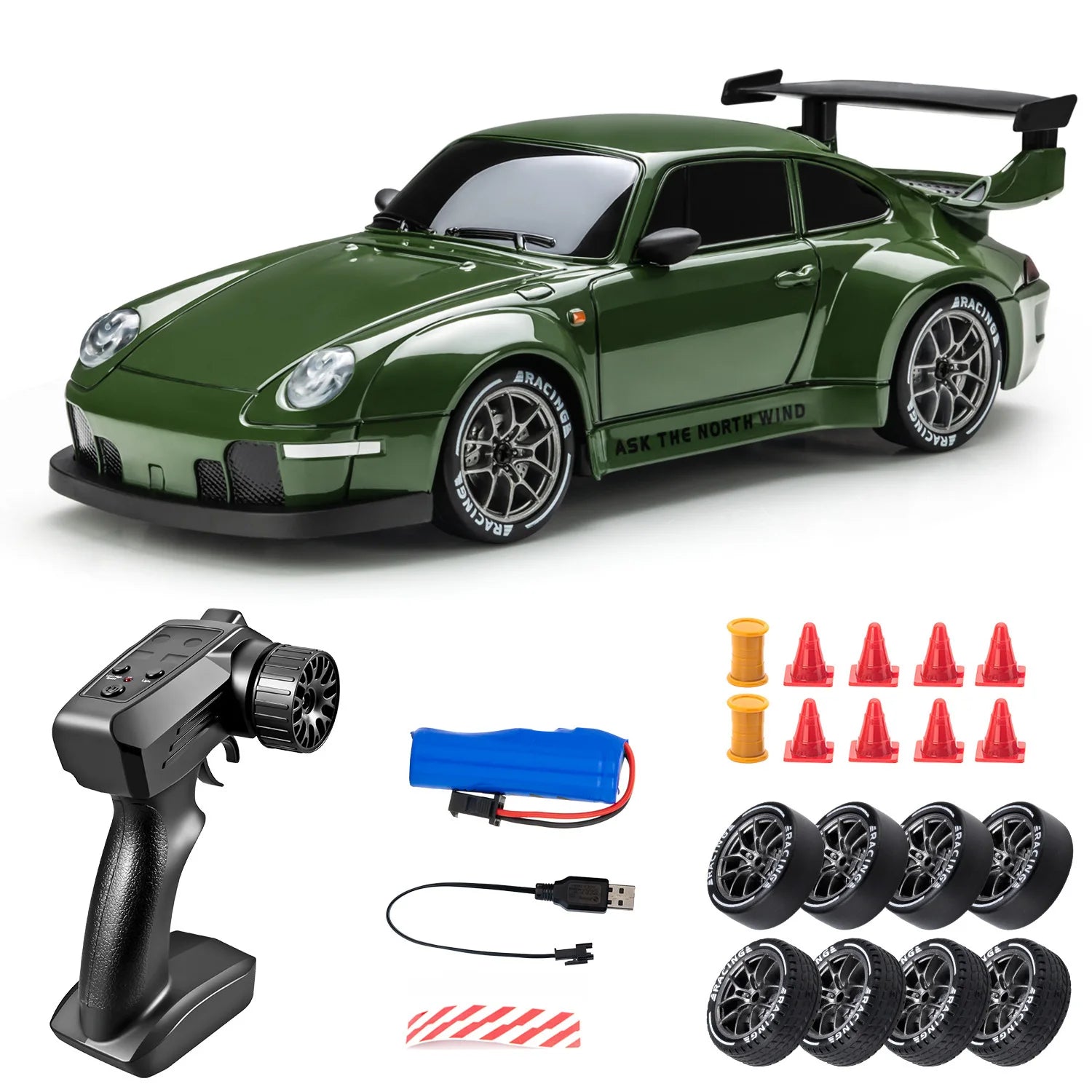 Voiture RC Drift 1:24 - Modèle Sport Haute Vitesse (20 km/h, 4x4, LED & Pneus de Rechange)